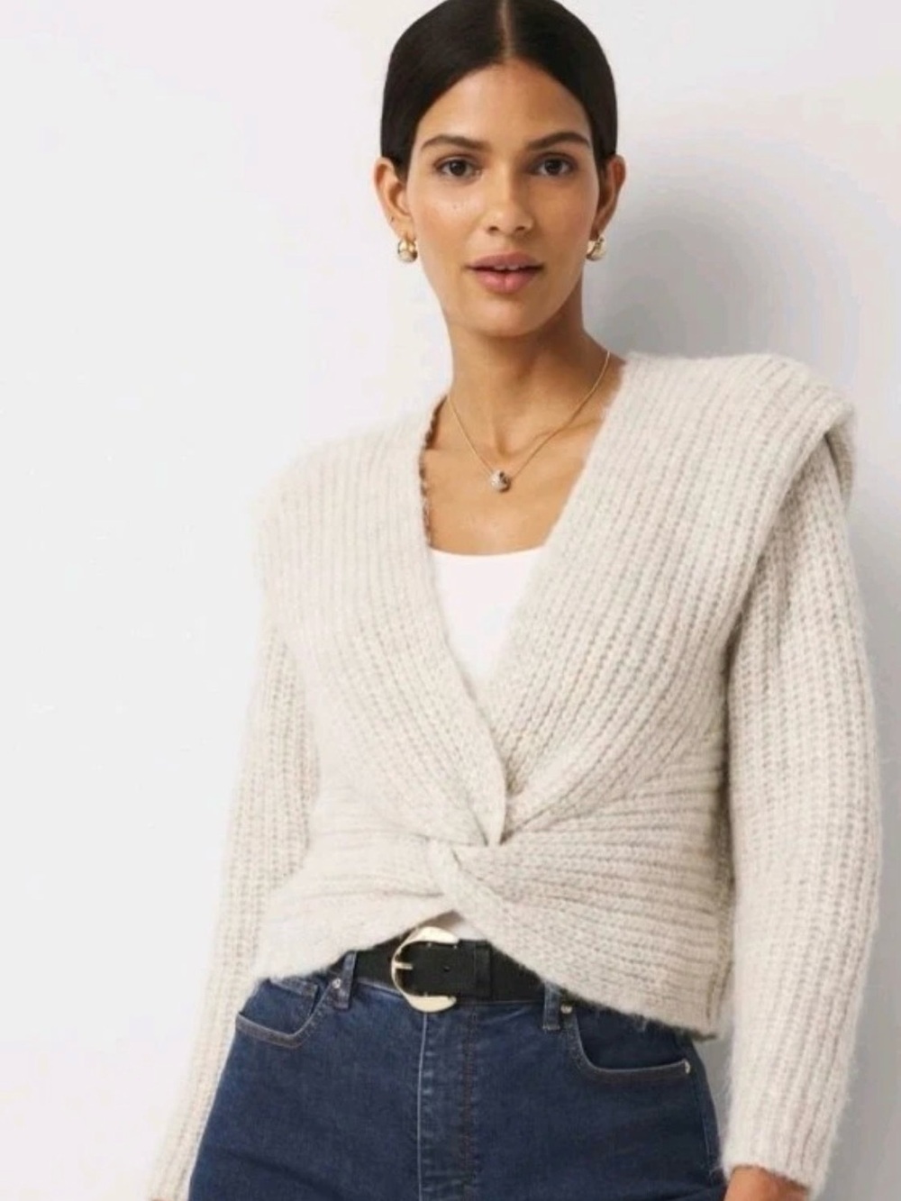 White House Black Market Cream Twist-Front Knit Sweater